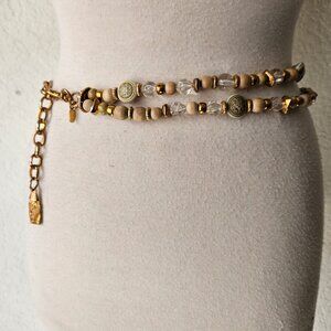 Vintage 70s Gold Tone Double Beaded Golden Waist Belt Adjustable Korea 27"-32"